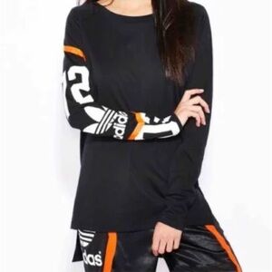 Adidas Women’s Long Sleeve Logo Top Black Orange Athletic Shirt Size M